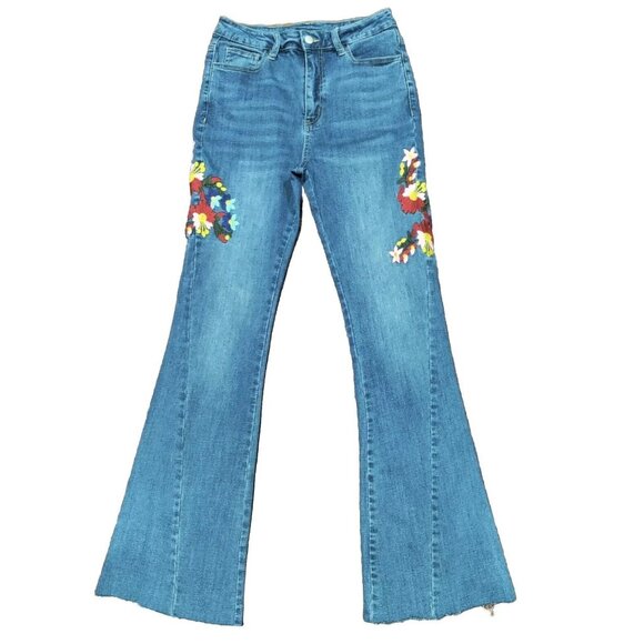70s Flare Leg Whimsy Flower Y2K High waist Denim Jeans 27 - Picture 4 of 11